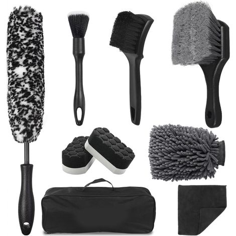 Kit nettoyage auto complet, brosses pour jantes et pneus, gant de lavage, éponges et chiffon microfibre, sac de rangement, accessoires lavage voiture (1/5)
