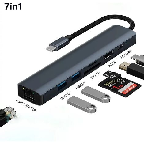 Hub multiport (7 en 1), adaptateur Ethernet USB, 1000 Mbps, USB 3.0, RJ45, pour ordinateurs portables et PC (1/3)