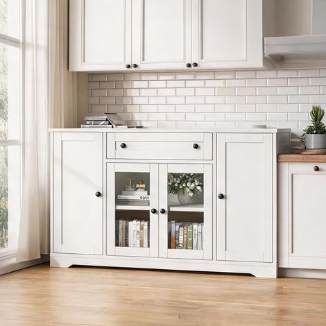 Sideboard blanc 4 portes avec vitrine et tiroir 138 x 40 x 83 cm (1/5)