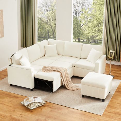 Canapé d’angle convertible en chenille, avec pouf, lampe et ports usb/type-c et table basse pliable, beige, 205x205x85 cm (1/5)