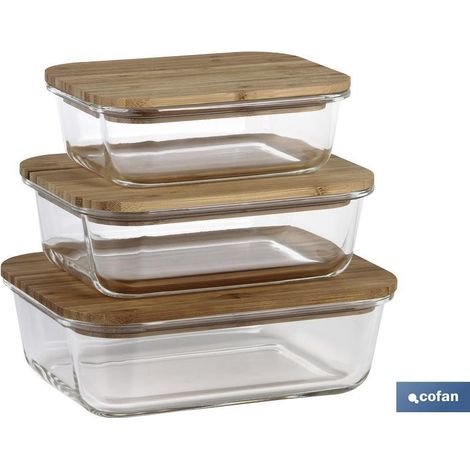 Set da 3 portapranzo rettangolari di vetro borosilicato Modello Bambù Coperchio di bambù Capacità: 640-1040-1520 ml