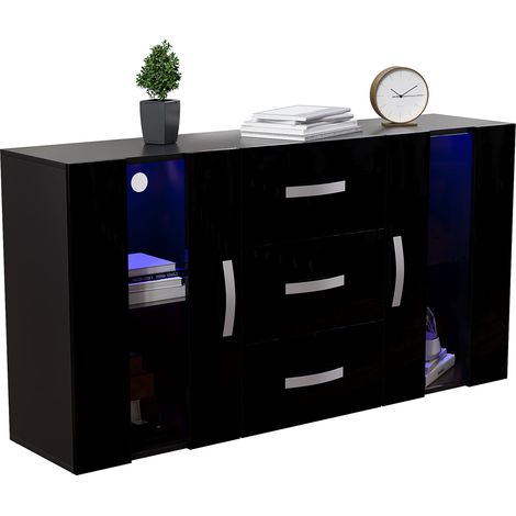 Astro LED Sideboard 2 Door 3 Drawer Modern High Gloss Storage Cabinet Cupboard, Black