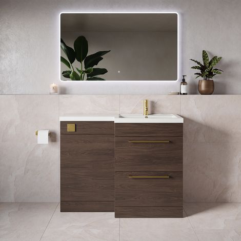 Napoli 390 Brown Oak 1100mm 2 Drawer Vanity Unit Toilet Suite with Square Right Hand Lucia Basin - 1100mm - Brushed Brass 320mm HandleWithout Kingston Toilet Pan