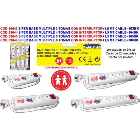 sifer base multiple 3 tomas con interruptor+1,5 mt cable 103bk