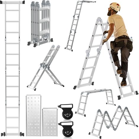 SWANEW Scala multifunzione in alluminio,scala multiuso 360cm, scala pieghevole 6 in 1 con 2 ruote e piattaforma, scala multiuso pieghevole 4 x 3 argento fino a 150KG (1/5)