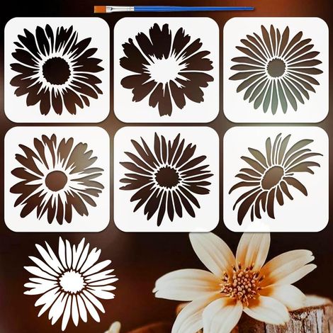 6PCS Pochoirs Marguerite 15x15cm avec un Pinceau Pochoirs Peinture Fleurs Pochoir Thème Plantes Modèle de Dessin Réutilisable Modèles Fleurs Épanouies pour Bois Mur DIY Décor Maison (1/5)