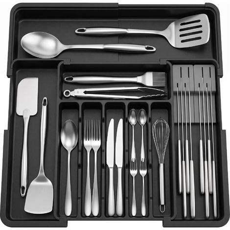 Range-couverts extensible en plastique, organiseur de tiroir avec compartiments latéraux pour couteaux et pieds antidérapants pour cuisine et ménage. (1/5)