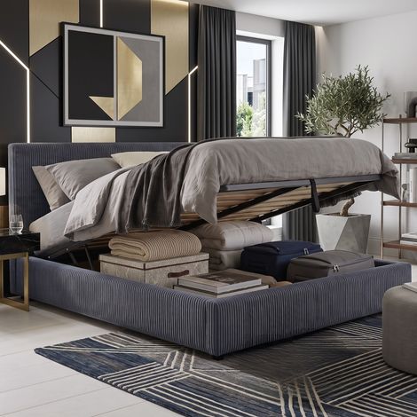 Lit coffre 90x190 cm velours côtelé bleu nuit avec tête de lit (1/5)
