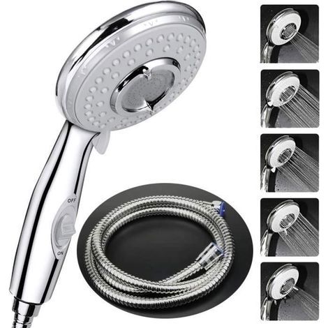 (Silberner) Duschkopf + 2 m flexibler Duschschlauch, Duschkopf mit Schlauch, 5 Wassersparmodi und Schalterknopf (1/4)