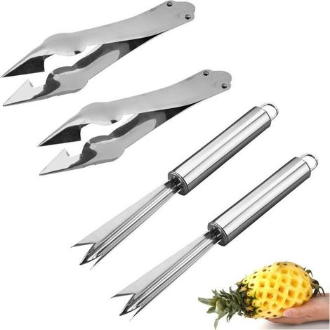 Outil de coupe des fruits en acier inoxydable (4 pièces) : éplucheur d'ananas, éplucheur de fraises, outil pour couper les fruits (1/5)