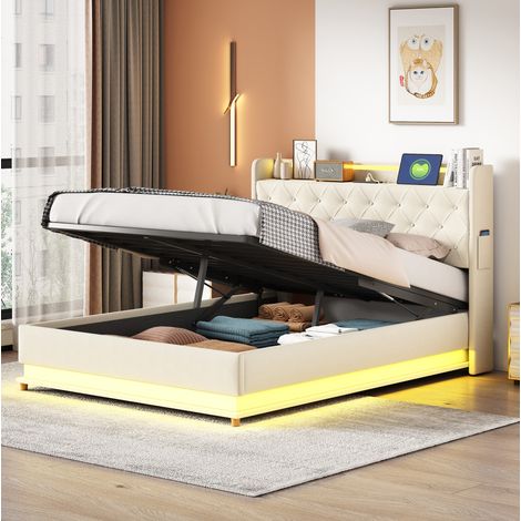 lit adulte rangement 140x200 LED USB beige moderne OKMYHOME (1/5)