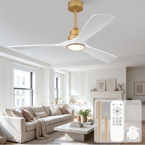 MODFU – Ventilateur plafond 52" – 3 pales bois massif – Moteur DC – LED 3CCT – Télécommande – Blanc doré (1/5)