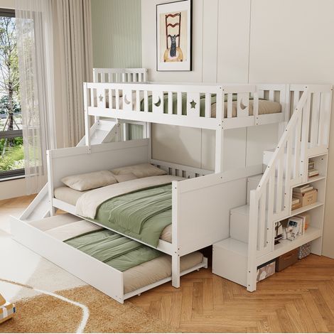 Letto a castello 90x200/140x200 cm bianco in MDF e pino con scivolo (1/5)