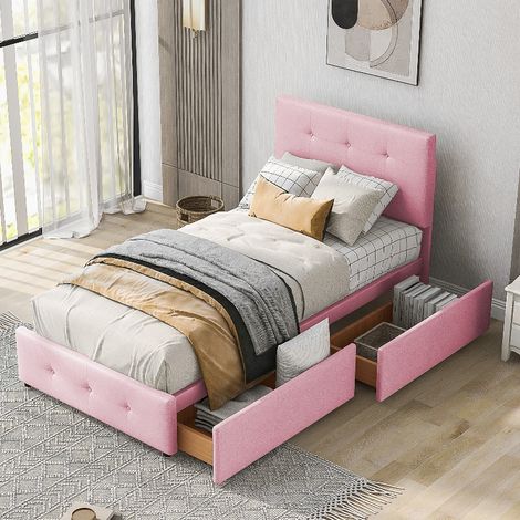 Polsterbett 90x200 cm mit Schubladen und Lattenrost, modernes Einzelbett aus hautfreundlichem Samtstoff, Jugendbett mit Stauraum für Gästezimmer, Rosa (1/5)