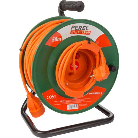 Perel Kabeltrommel, Innenbereich, Schutzkontakt-Stecker/-Kupplung, Überhitzungsschutz, Kabellänge 50 m, 3G1.5, Orange/Grün