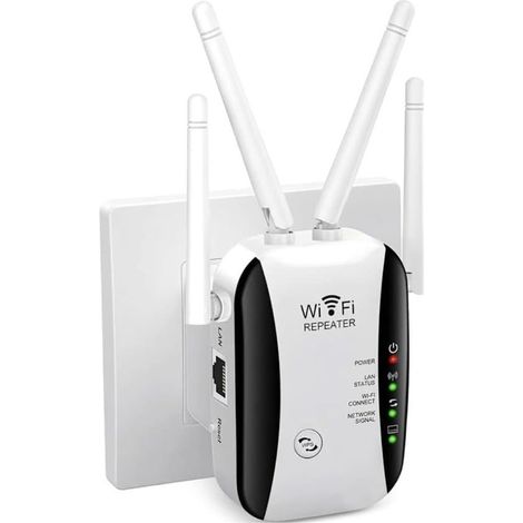 Amplificateur WiFi longue portée avec 4 antennes, couverture de 465 m² et 50 appareils, répéteur 2026 avec Ethernet, prise européenne, blanc (1/5)