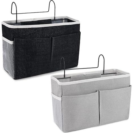 Organisateur de chevet 2 pièces, poches murales suspendues imperméables avec 3 compartiments, rangement pour lit mezzanine, rideau noir et gris (1/5)