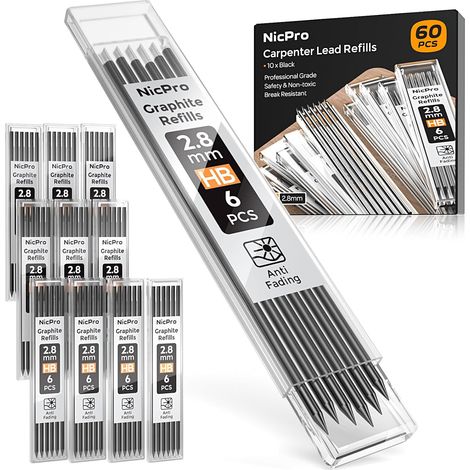 Lot de 60 mines de 2,8 mm pour crayon de charpentier mécanique, résistantes à la casse de 2,8 mm, pour crayons de chantier, crayons de travail du bois (noir) (1/5)