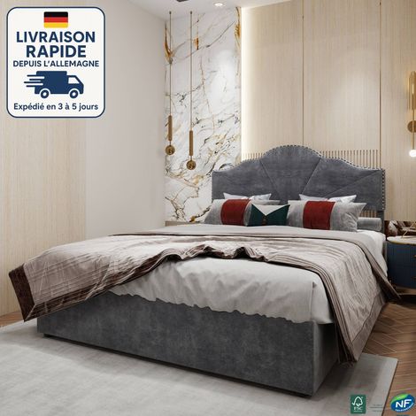 Letto contenitore imbottito 160x200 cm - Letto matrimoniale per adulti - Rivestito in lana olandese - capitonné - minimalista ed elegante - Legno certificato PEFC - grigio (1/5)