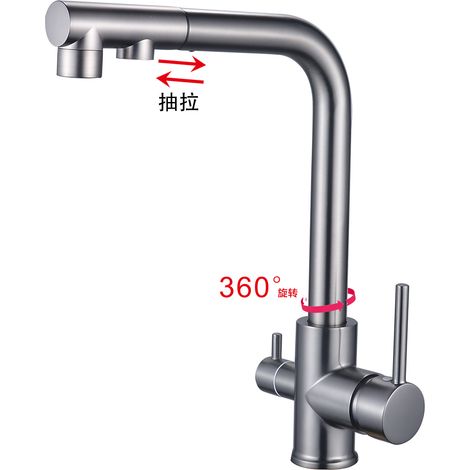 Russian Hot Selling All-Copper Pull-Out Kitchen Faucet, Hot and Cold Water Sink/Vegetable Washing Basin 3-in-1 Dual Control Water Purifier Faucet - Zinc Alloy Body, Gun Gray Pull-Out Water Purifier