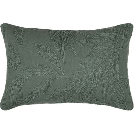 Coussin rectangulaire en coton à feuillage brodé Kaki 35x50 cm (1/4)