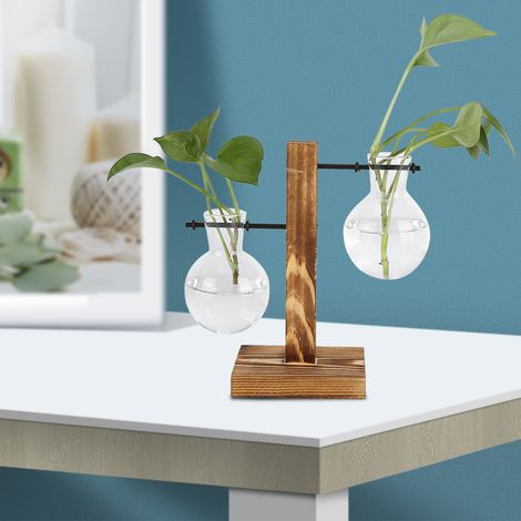 Vase hydroponique créatif en bois pour plantes pothos, récipient à fleurs en verre transparent, objet de décoration de bureau, style B. (1/5)