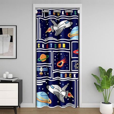Rideau de porte imprimé fusée pour porte intimité vaisseau spatial planètes étoiles galaxie rideau de porte pour décoration de salon blanc plaid grille bleu foncé intimité rideau de porte 1 panneau - (1/5)
