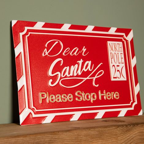 29cm Red and White Dear Santa Stop Here Hanging Metal Sign Christmas Decoration (1/5)