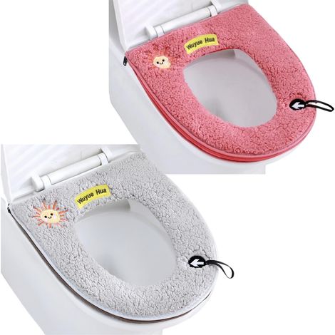 2 pièces Coussin de siège de toilette avec boucle de suspension, Housse de siège de toilette lavable, douce et chaude pour salle de bain (Gris+Rose) (1/5)