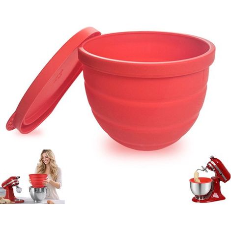 Bol mélangeur en silicone - Bol mélangeur inclinable avec intérieur en silicone - Rouge - Bol mélangeur - Couvercle en silicone avec protection - Idéal pour les pâtes, la crème et autres ingrédients, (1/5)