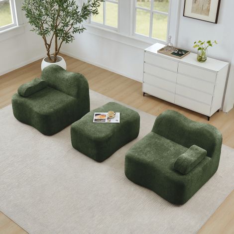 Canapé modulable en L 2 places sans structure avec 1 pouf, forme ondulée, coussins d'accoudoirs mobiles, pour salon et appartement, sans montage nécessaire, couleur verte (1/5)