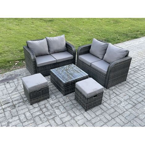 Fimous Rattan Sofa Set Outdoor Garden Furniture Set with Square Coffee Table Loveseat Sofa 2 Small Footstool Dark Grey Mixed (1/5)