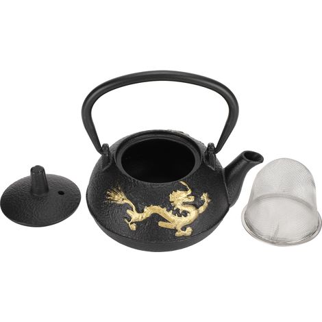 Théière en fer forgé de 0,3 L avec filtre, motif dragon doré, objet de décoration de bureau, style japonais. (1/5)