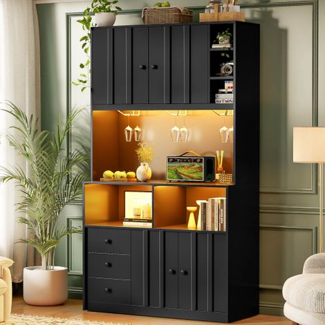 Mobile da cucina da 180 cm, pensile con illuminazione a LED, ripiano da cucina con presa elettrica, portabottiglie e vetrina per cucina e sala da pranzo. (1/5)