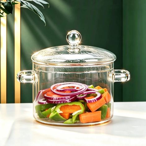Glastopf mit Deckel, hitzebeständiger Glas-Suppentopf mit Edelstahl-Doppelgriffen, universelles Glas-Kochgeschirr für Nudeln, Suppe, Milch (1/3)