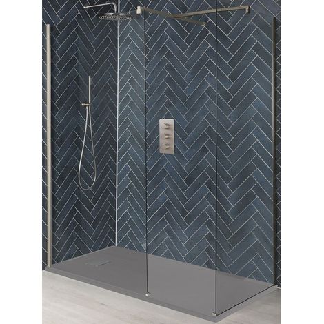 Milano Hunston Brushed Nickel Corner Walk In Wet Room Shower Enclosure with Screens Support Arms and Light Grey Slate Effect Tray - 1700mm x 800mm (1/5)