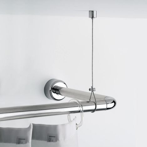Gedy cromata, reggitenda Doccia, Misure: 0,5X150X2 CM, Altezza Regolabile Fino 150cm, Cavo Tenda in Acciaio, Supporto a soffitto con Finitura, Design R&S, 2 Anni di Garanzia, Unica (1/4)