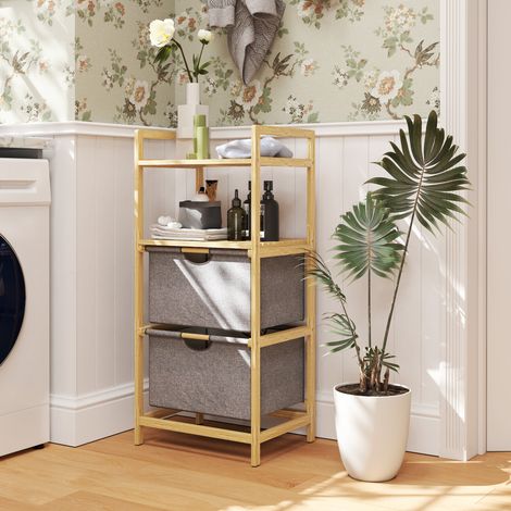 Panier à linge en bambou – Corbeille avec 2 sacs en tissu coulissants et étagères ouvertes. naturel – Rangement aéré et design (1/5)