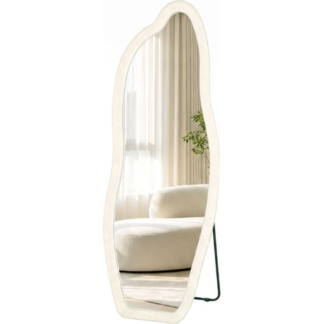 Miroir sur pied 160x60 cm, cadre arqué, velours, coloris crème, à poser ou à fixer au mur. (1/5)
