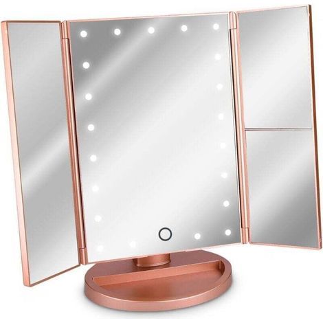 Miroir Lumineux LED 3 Faces à Poser - Miroir Maquillage Triptyque Pliable sur Pied avec Effet Grossissant x2 x3 - Pile ou USB - Rose doré (1/5)