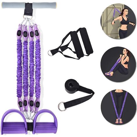Multifunktionales Widerstandsband-Set für Kraft- und Fitnesstraining, bestehend aus 4 stapelbaren Schläuchen und einem elastischen Zugseil für Pedale. (1/5)