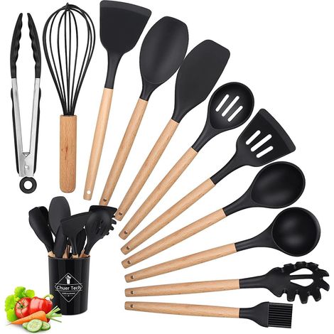 Ustensiles de Cuisine Silicone Bois Set, 12 PCS Accessoire Cuisine Set sans BPA, Antiadhésive e Anti-Rayures et Résistante à Chaleur, Outil de Cuisine Antiadhésif pour Louche/Spatule/Cuillère à Pâtes (1/5)