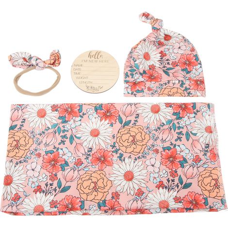 Lot de 4 Langes Imprimés Fleurs pour Nouveau-né avec Bandeau - Couverture d'Emmaillotage Respirante et Douce pour Bébé, Type 3 (1/5)