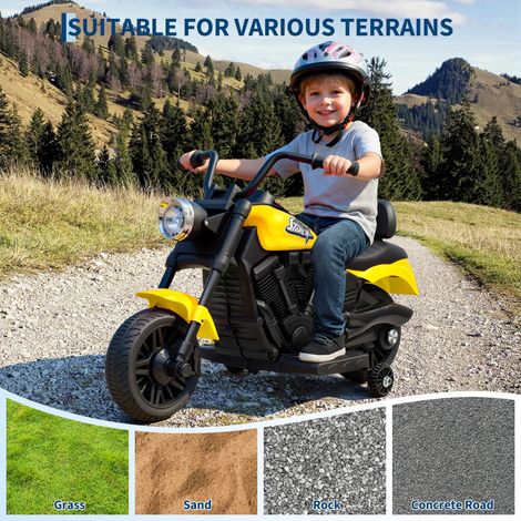 Moto électrique enfant 6V – Démarrage en douceur – Suspension – 2 roulettes sécurité – lumièreères LED & musique – Sécurité dès 18 mois – Couleur : jaune (1/5)