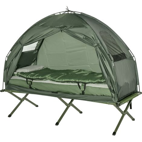 Ensemble tente de camping avec lit de camp, sac de couchage et matelas, vert foncé