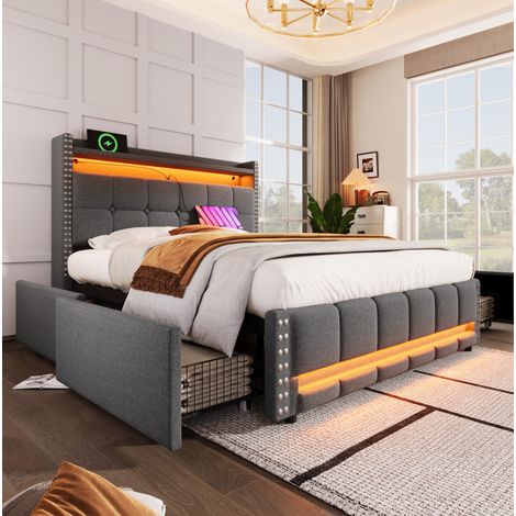 Doppelbett 140x200 cm Grau aus Leinenstoff mit LED-Beleuchtung, USB-Anschluss und Stauraum (1/5)