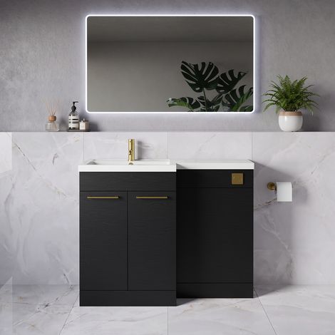 Napoli 390 Nero Oak 1100mm 2 Door Vanity Unit Toilet Suite with Square Left Hand Lucia Basin - 1100mm - Brushed Brass 160mm HandleWithout Kingston Toilet Pan