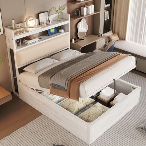Letto 90x200 cm bianco in metallo e legno con contenitore idraulico, testiera imbottita e USB (1/5)