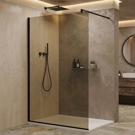 Parete doccia walk-in 90 cm vetro fumè da 8mm reversibile con profili finitura nero opaco