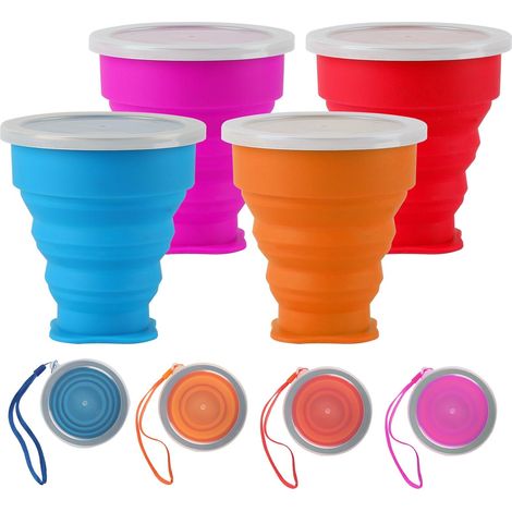 4 bicchieri pieghevoli in silicone con coperchio, bicchieri da viaggio pieghevoli, bicchieri riutilizzabili, bicchieri portatili pieghevoli per attività all'aperto, campeggio, picnic, escursioni e via
